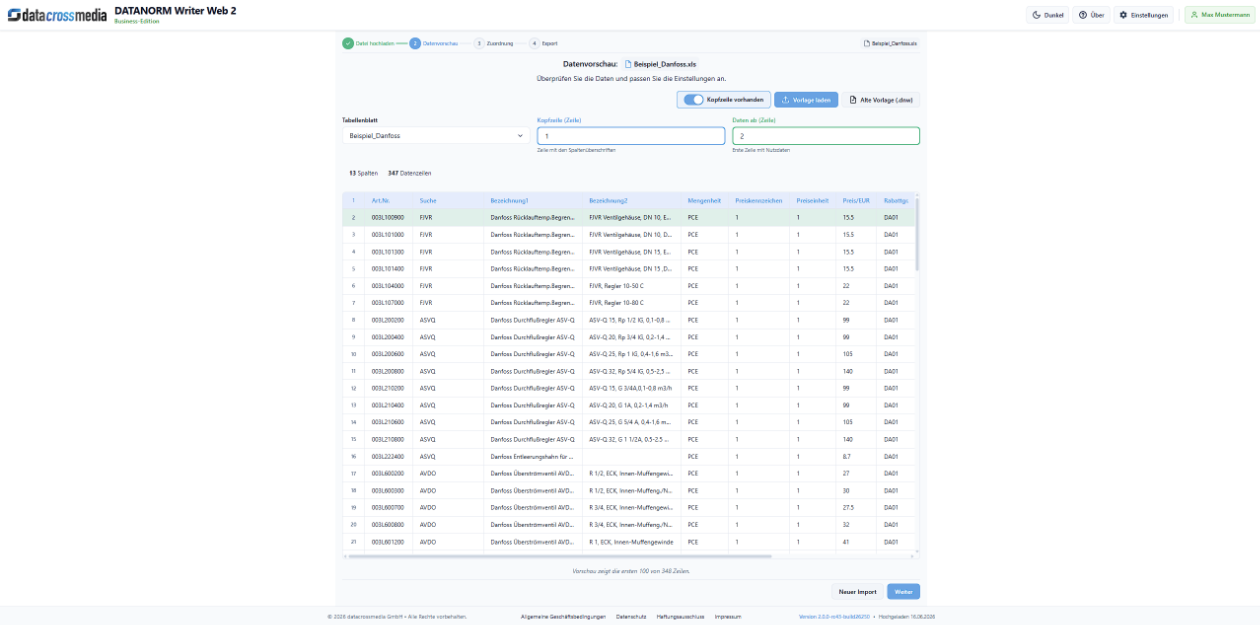 DATANORM Writer Web Produktdaten prüfen