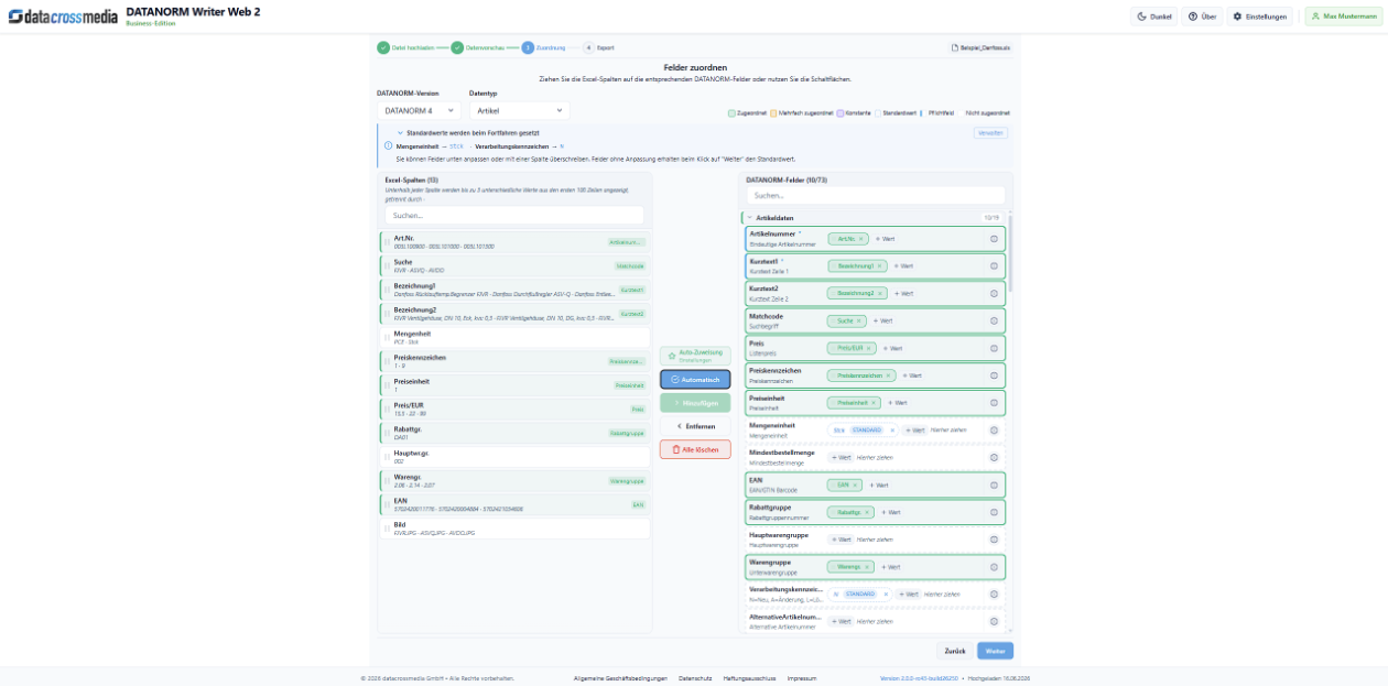 DATANORM Writer Web Felder zuweisen